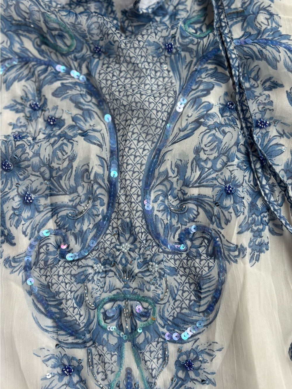 Earthbound Blue & White Beaded Sleeveless Peasant Top Womens Large - Picture 3 of 6